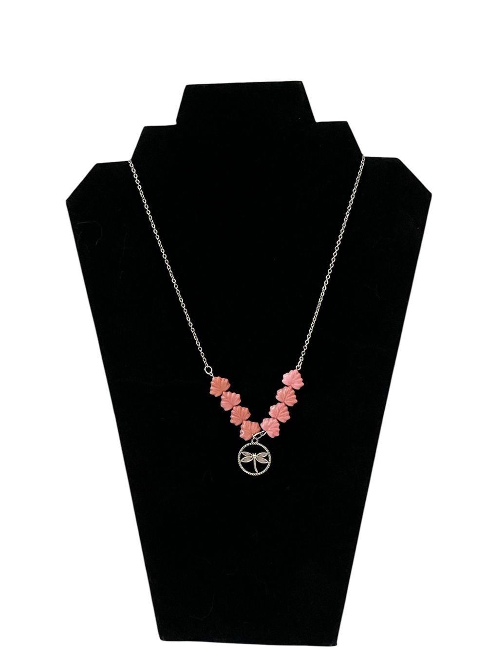 Handmade Pink Leaf Bead Necklace Silver Dragonfly Charm Pendant Boho Statement